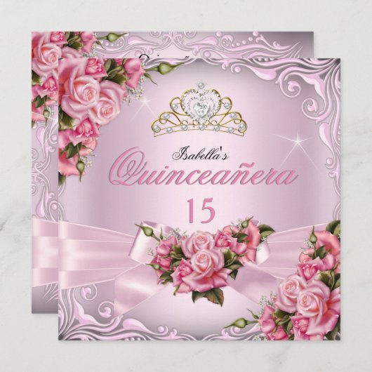 Quinceanera 15e  roze rozen Tiara Birthday Kaart (Voorkant / Achterkant)