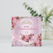 Quinceanera 15e  roze rozen Tiara Birthday Kaart (Staand voorkant)