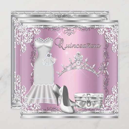 Quinceanera 15e roze Silver Diamond Tiara Kaart (Voorkant / Achterkant)