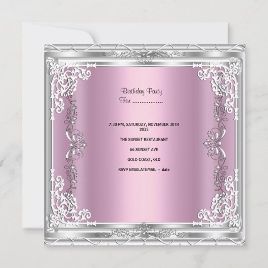 Quinceanera 15e roze Silver Diamond Tiara Kaart (Achterkant)