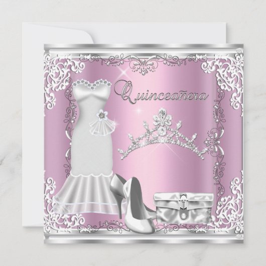 Quinceanera 15e roze Silver Diamond Tiara Kaart (Voorkant)