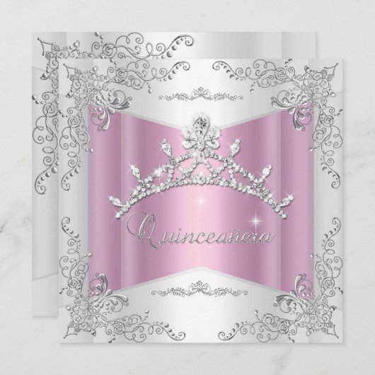 Quinceanera 15e roze witte zilver Tiara Kaart (Voorkant / Achterkant)
