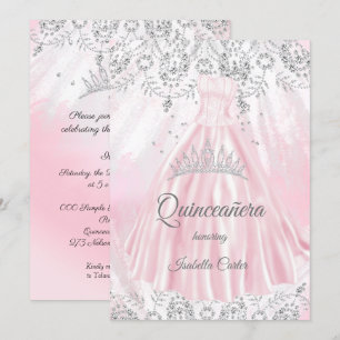 Quinceanera 15e  roze zilver dress glitter kaart