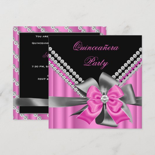 Quinceanera 15e roze zilver grijze Bow Diamonds 2 Kaart (Voorkant / Achterkant)