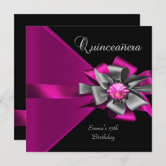 Quinceanera 15e roze zilver grijze bus 3 kaart (Voorkant / Achterkant)