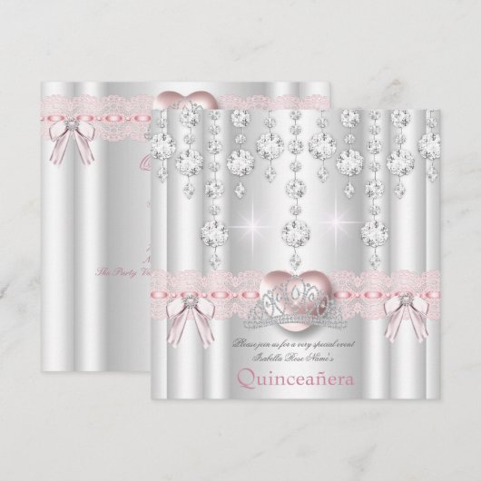 Quinceanera 15e Roze Zilver Hart Diamanten 2 Kaart (Voorkant / Achterkant)