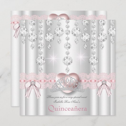 Quinceanera 15e roze zilver hartdiamant 2 kaart (Voorkant / Achterkant)