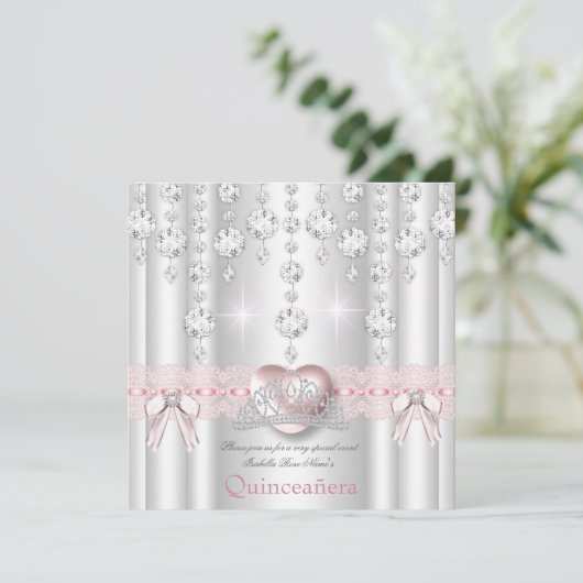 Quinceanera 15e roze zilver hartdiamant 2 kaart (Staand voorkant)