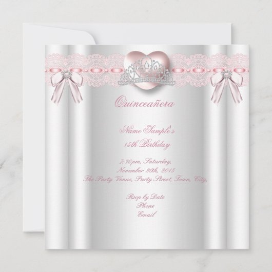 Quinceanera 15e roze zilver hartdiamant 2 kaart (Achterkant)