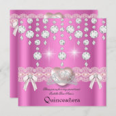 Quinceanera 15e roze zilver hartdiamant 3 kaart (Voorkant / Achterkant)