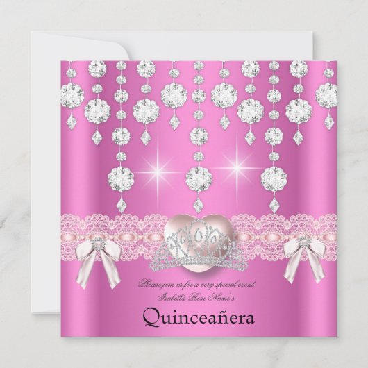 Quinceanera 15e roze zilver hartdiamant 3 kaart (Voorkant)