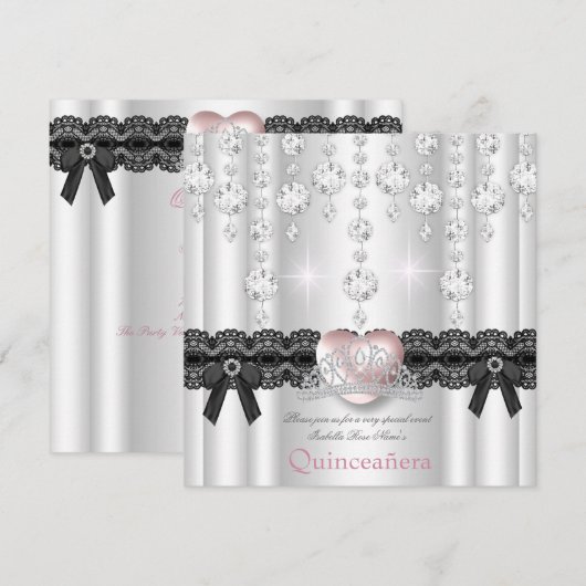 Quinceanera 15e roze zilver hartdiamant kaart (Voorkant / Achterkant)