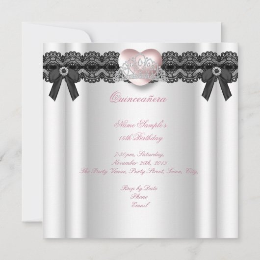 Quinceanera 15e roze zilver hartdiamant kaart (Achterkant)