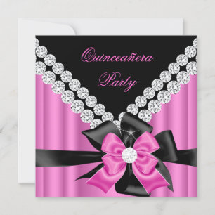 Quinceanera 15e Roze Zilver Zwart Boog Diamanten Kaart