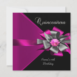 Quinceanera 15e Roze Zilver Zwart Grijs Boog 3 Kaart