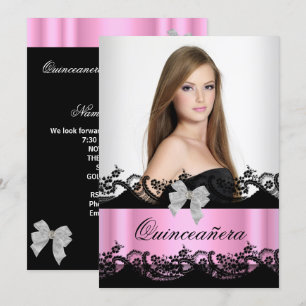 Quinceanera 15e Roze Zwart Witte Kant Foto Kaart