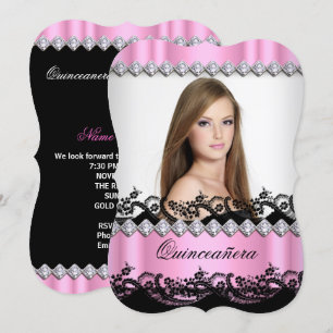 Quinceanera 15e Roze Zwart Witte Kant Foto Kaart