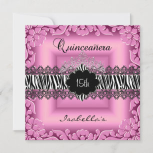 Quinceanera 15e Roze Zwart Witte Zebra Kant Kaart