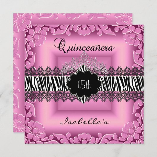 Quinceanera 15e roze zwarte witte Zebra Kaart (Voorkant / Achterkant)