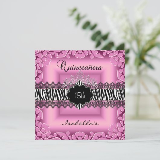 Quinceanera 15e roze zwarte witte Zebra Kaart (Staand voorkant)