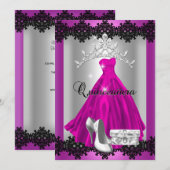 Quinceanera 15e roze zwarte zilver Diamond Tiara Kaart (Voorkant / Achterkant)