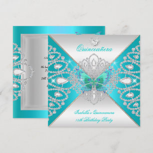 Quinceanera 15e Teal Zilveren Vlinder Tiara 2 Kaart