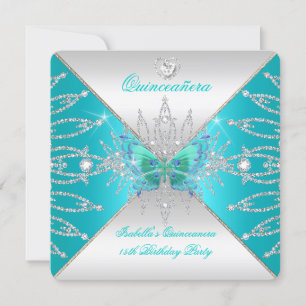 Quinceanera 15e Teal Zilveren Vlinder Tiara 3 Kaart