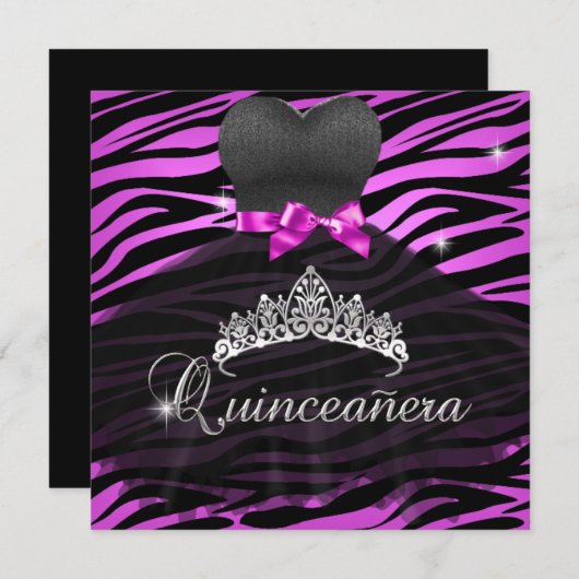 Quinceanera 15e Tiara Hot Pink Black Zebra Jurk Kaart (Voorkant / Achterkant)