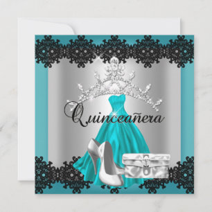 Quinceanera 15e turkoois zwart zilver diamant tiar kaart