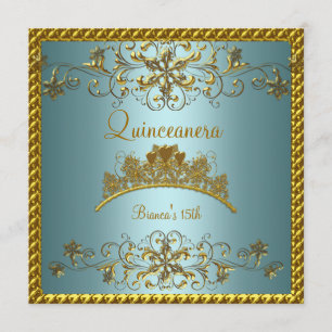 Quinceanera 15e Turquoise Blauwe Gouden Tiara Kaart