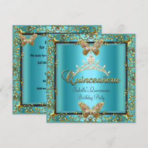 Quinceañera 15e Turquoise Blauwe Gouden Vlinder Kaart