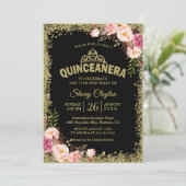 Quinceanera 15e verjaardag - Black Gold Pink Flora Kaart (Staand voorkant)