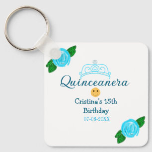 Quinceanera 15e verjaardag blauwe rozen kroon kuns sleutelhanger