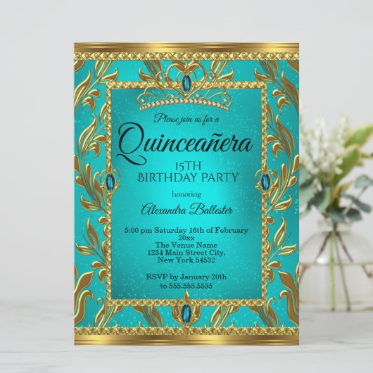 Quinceanera 15e verjaardag Blauwgroen Blue Tiara G Kaart (Staand voorkant)