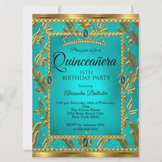 Quinceanera 15e verjaardag Blauwgroen Blue Tiara G Kaart (Voorkant)