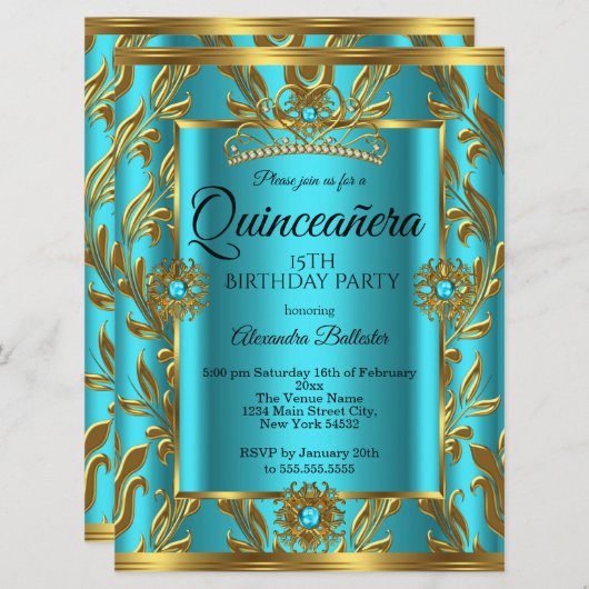 Quinceanera 15e verjaardag Blauwgroen Blue Tiara G Kaart (Voorkant / Achterkant)