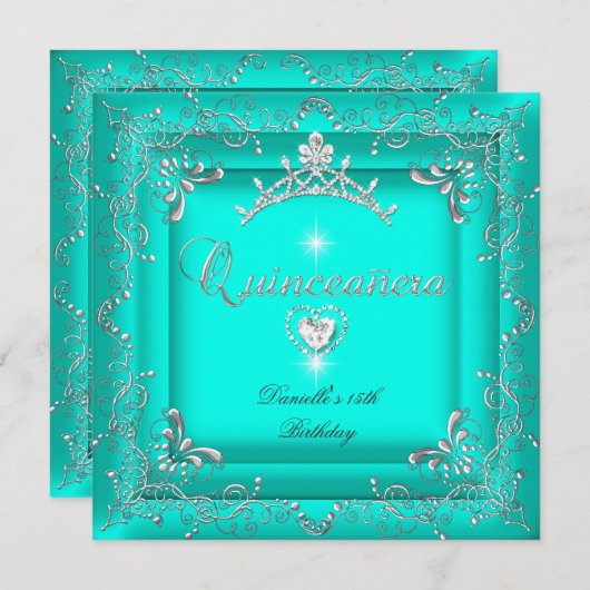 Quinceanera 15e verjaardag Blauwgroen Tiara Silver Kaart (Voorkant / Achterkant)