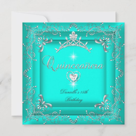 Quinceanera 15e verjaardag Blauwgroen Tiara Silver Kaart (Voorkant)