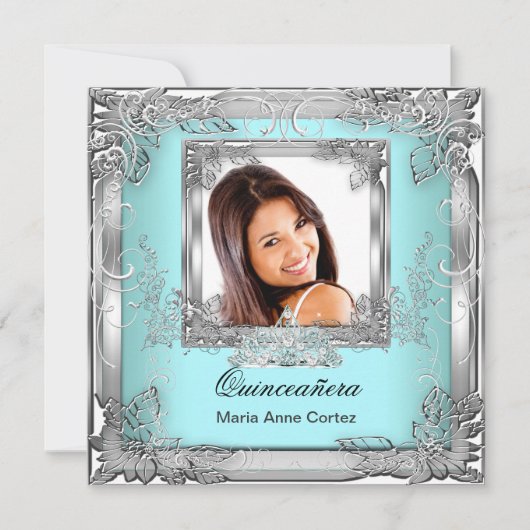 Quinceañera 15e verjaardag Blauwgroen White Silver Kaart (Voorkant)
