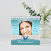 Quinceañera 15e Verjaardag Blauwgroen Witte kant F Kaart (Staand voorkant)