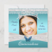 Quinceañera 15e Verjaardag Blauwgroen Witte kant F Kaart (Voorkant)
