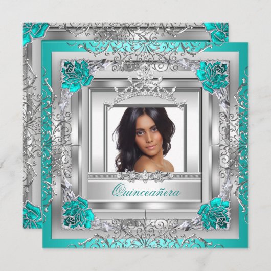 Quinceañera 15e verjaardag Blauwgroen Zilver Tiara Kaart (Voorkant / Achterkant)