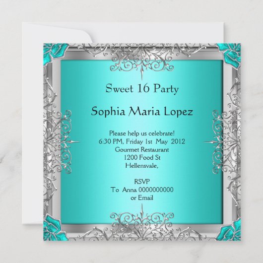 Quinceañera 15e verjaardag Blauwgroen Zilver Tiara Kaart (Achterkant)
