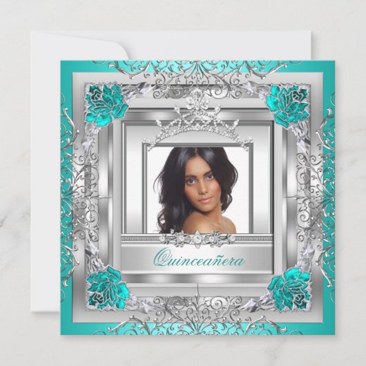 Quinceañera 15e verjaardag Blauwgroen Zilver Tiara Kaart (Voorkant)