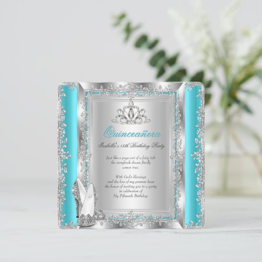 Quinceanera 15e verjaardag Blauwgroen Zilveren Sho Kaart (Staand voorkant)