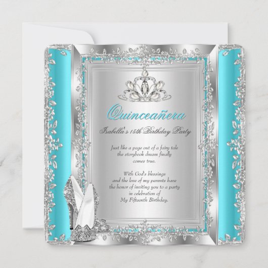 Quinceanera 15e verjaardag Blauwgroen Zilveren Sho Kaart (Voorkant)