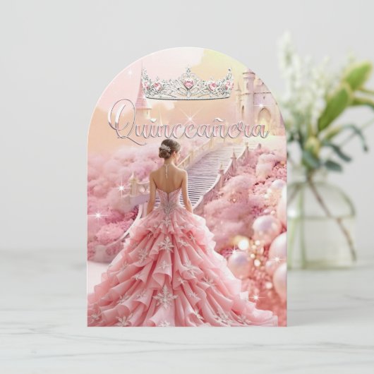 Quinceanera 15e Verjaardag Blush Roze Zilveren Kas Kaart (Staand voorkant)
