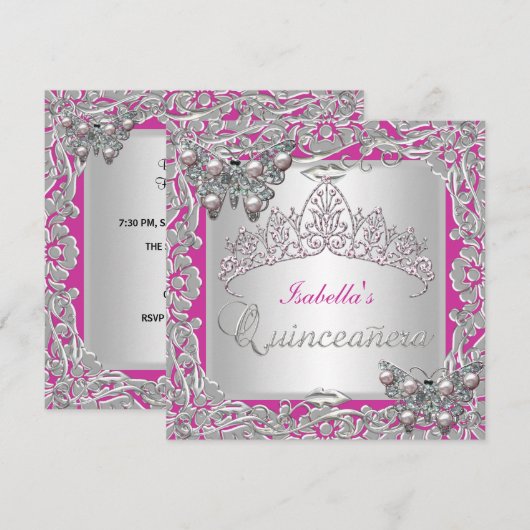 Quinceanera 15e verjaardag Butterflies Silver Pink Kaart (Voorkant / Achterkant)