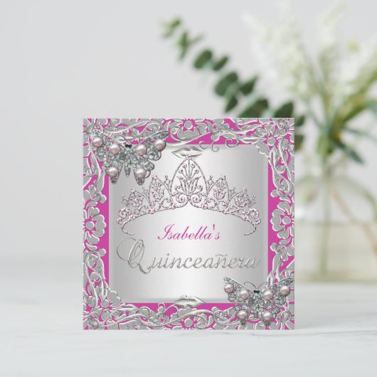 Quinceanera 15e verjaardag Butterflies Silver Pink Kaart (Staand voorkant)