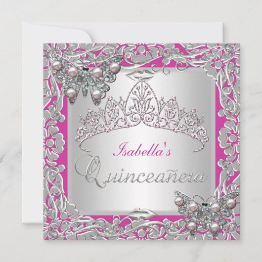 Quinceanera 15e verjaardag Butterflies Silver Pink Kaart (Voorkant)